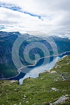 Amazing landscape of the Ringedalsvatnet Lake, Trolltunga hike,  Norway