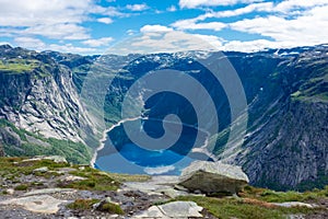 Amazing landscape of the Ringedalsvatnet Lake, Trolltunga hike,  Norway