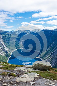 Amazing landscape of the Ringedalsvatnet Lake, Trolltunga hike,  Norway