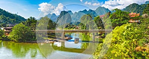 Amazing landscape of river among mountains. Laos. Panorama