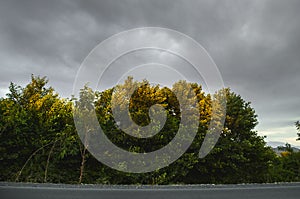 Amazing landscape of road among stone autumn mountains with bright blue soft cloudy blue sky or mountains stretching into the brig