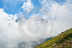 Amazing landscape of rocky mountains and blue sky, Caucasus, Russia