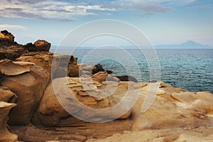 Amazing landscape of rocky shore at Mediterranean sea. Halkidiki.Karydi beach in Vourvourou. Sithonia peninsula. Greece.