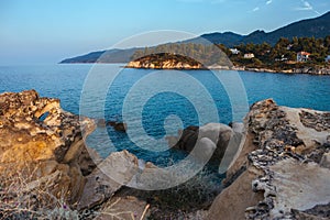 Amazing landscape of rocky shore at Mediterranean sea. Halkidiki.Karydi beach in Vourvourou. Sithonia peninsula. Greece.