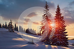 Amazing landscape  snow-covered conifer trees at sunrise. Winter in mountains.