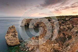 Amazing landscape at sunset at Marinha Beach in the Algarve, Portugal.