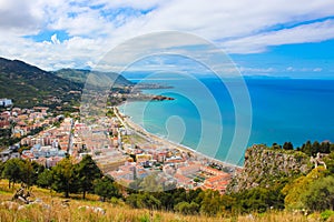 Amazing landscape surrounding picturesque coastal city Cefalu in Sicily, Italy. The city located on Tyrrhenian coast is popular