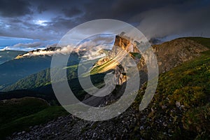 Amazing landscapes view of gold light on mountain with blue sky on summer from Dolomites, Italy.