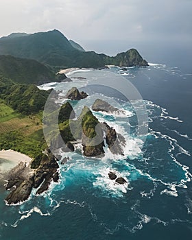 Amazing Lombok island mountain coastline aerial drone view from above