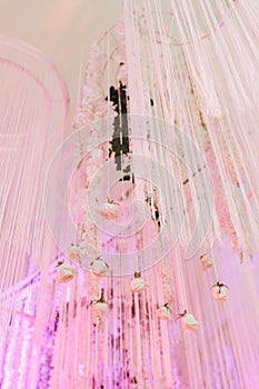 Amazing luxury decorated place ceiling for wedding reception, catering in restaurant