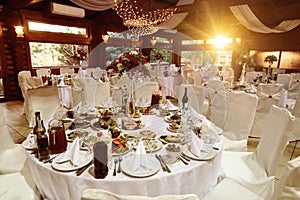 Amazing luxury decorated tables for wedding reception, catering