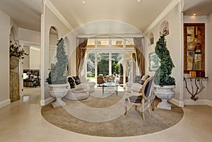 Amazing Luxury entrance Hallway interior with decorative trees in pots. photo