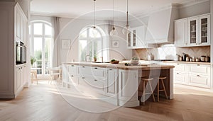 Amazing Luxury Kitchen Interior in white with wooden floor and kitchen island