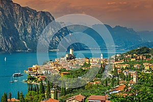 Amazing Malcesine tourist resort and high mountains, Garda lake, Italy