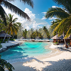 Amazing Maldives island panorama. Beautiful beach scene with palm trees and perfect blue sea water. Relaxing