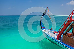 Amazing Maldives island view from Dhoni boat, coral reef and