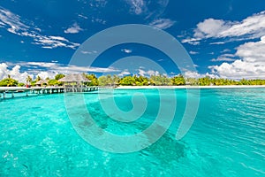 Amazing Maldives paradise, beautiful turquoise blue sea, tropical resort. Luxury summer travel and vacation destination