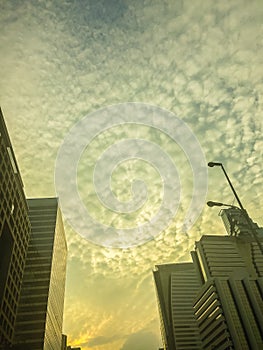 Amazing mammatus clouds over Bangkok, Thailand, with tall buildings foreground.