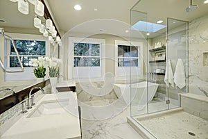 Amazing master bathroom with large glass walk-in shower