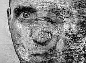 Amazing metamorphosis of man becoming tree, graphic art, beautiful and unique tree bark texture on human face