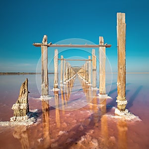 Amazing minimalistic landscape if real pink salt lake and natural salt