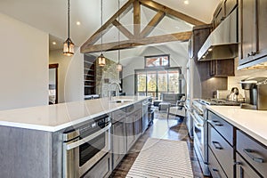 Amazing modern and rustic luxury kitchen with vaulted ceiling and wooden beams, long island with white quarts countertop