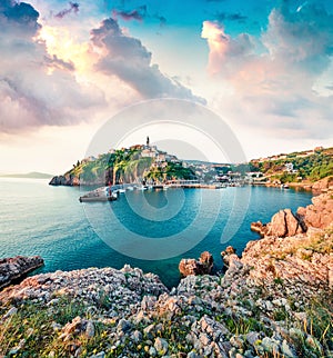 Amazing morning cityscape of Vrbnik town. Splendid summer seascape of Adriatic sea, Krk island, Kvarner bay archipelago, Croatia, photo