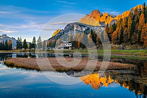 Amazing morning landscape in the Dolomites with lake Antorno, Italy