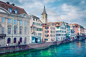 Amazing morning view of Fraumunster Church. Bright autumn cityscape of Zurich, Switzerland, Europe. Stunning landscape of Limmat R