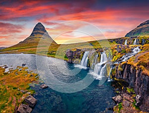 Amazing morning view of popular tourast destination - Kirkjufellsfoss Waterfall.