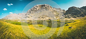 Amazing mountain and lake view between Bolkar Mountain and Taurus Mountain. Panoramic view of black lake. Nigde, Turkey.