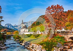 Amazing mountain landscape in the Bavarian Alps. Ramsau bei Berchtesgaden village at sunny autumn day, Bavaria, Germany