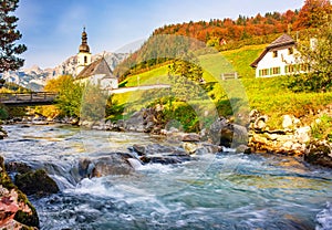 Amazing mountain landscape in the Bavarian Alps. Ramsau bei Berchtesgaden village at sunny autumn day, Bavaria, Germany