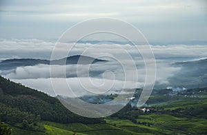 Amazing mountain landscape with clouds, tea estate natural outdoor travel background. Beauty world