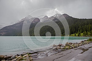 Amazing mountain landscape - Lake Louise, Rocky Mountains. Banff Tourism, National Park, Alberta, Canada.