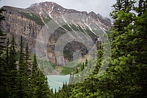Amazing mountain landscape - Lake Louise, Rocky Mountains. Banff Tourism, National Park, Alberta, Canada.