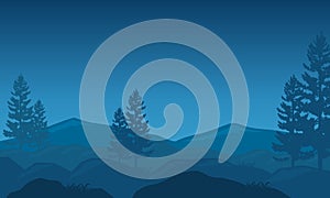 Amazing mountain panorama with aesthetic pine tree silhouette at night. Vector illustration