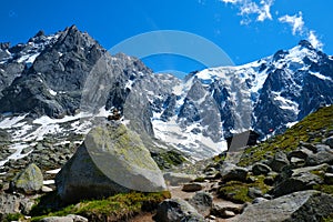 Amazing mountain trail from the middle cable car station to Refuge du Plan de l`Aiguille