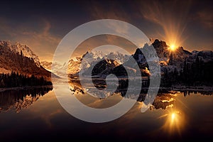 Amazing mountain winter scenery. Winter landscape with snow, mountains and magical sunset reflection in a lake