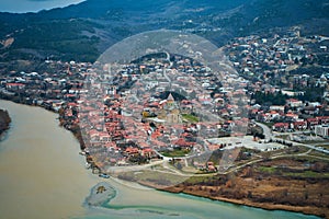 Amazing natural landscape. The confluence of two rivers in the city of Mtskheta in Georgia