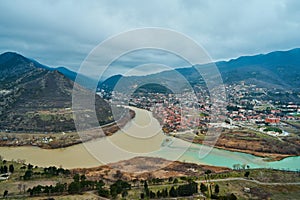 Amazing natural landscape. The confluence of two rivers in the city of Mtskheta in Georgia