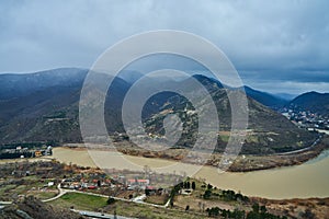 Amazing natural landscape. The confluence of two rivers in the city of Mtskheta in Georgia