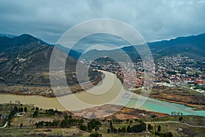 Amazing natural landscape. The confluence of two rivers in the city of Mtskheta in Georgia