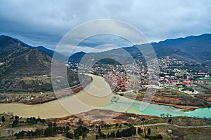 Amazing natural landscape. The confluence of two rivers in the city of Mtskheta in Georgia