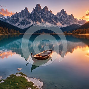 Amazing natural landscape at sunset. Stunning morning scene on the Braies Lake, Pragser Wildsee in Dolomites mountains,