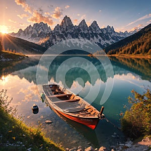 Amazing natural landscape at sunset. Stunning morning scene on the Braies Lake, Pragser Wildsee in Dolomites mountains,