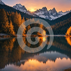 Amazing natural landscape at sunset. Stunning morning scene on the Braies Lake, Pragser Wildsee in Dolomites mountains,