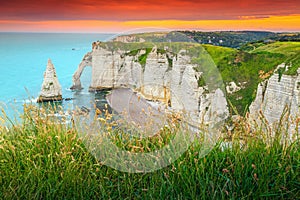 Amazing natural rock arch wonder, Etretat, Normandy, France