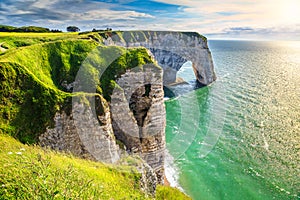 Amazing natural rock arch wonder, Etretat, Normandy, France photo