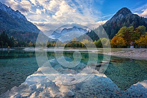 Amazing nature autumn landscape, Jasna lake in Triglav national park, Kranjska Gora, Slovenia. Outdoor travel background